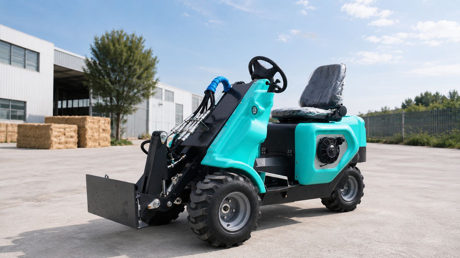 NusLoader NL-15 compact three-wheel loader in an outdoor industrial yard